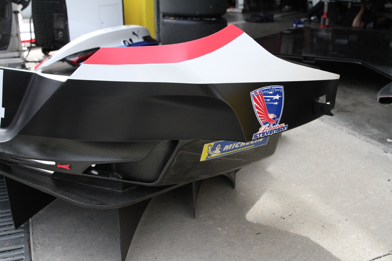 Close-up of the side of the rear bumper, complete with a tribute sticker for Stevenson Motorsports’ team owner Johnny Stevenson.